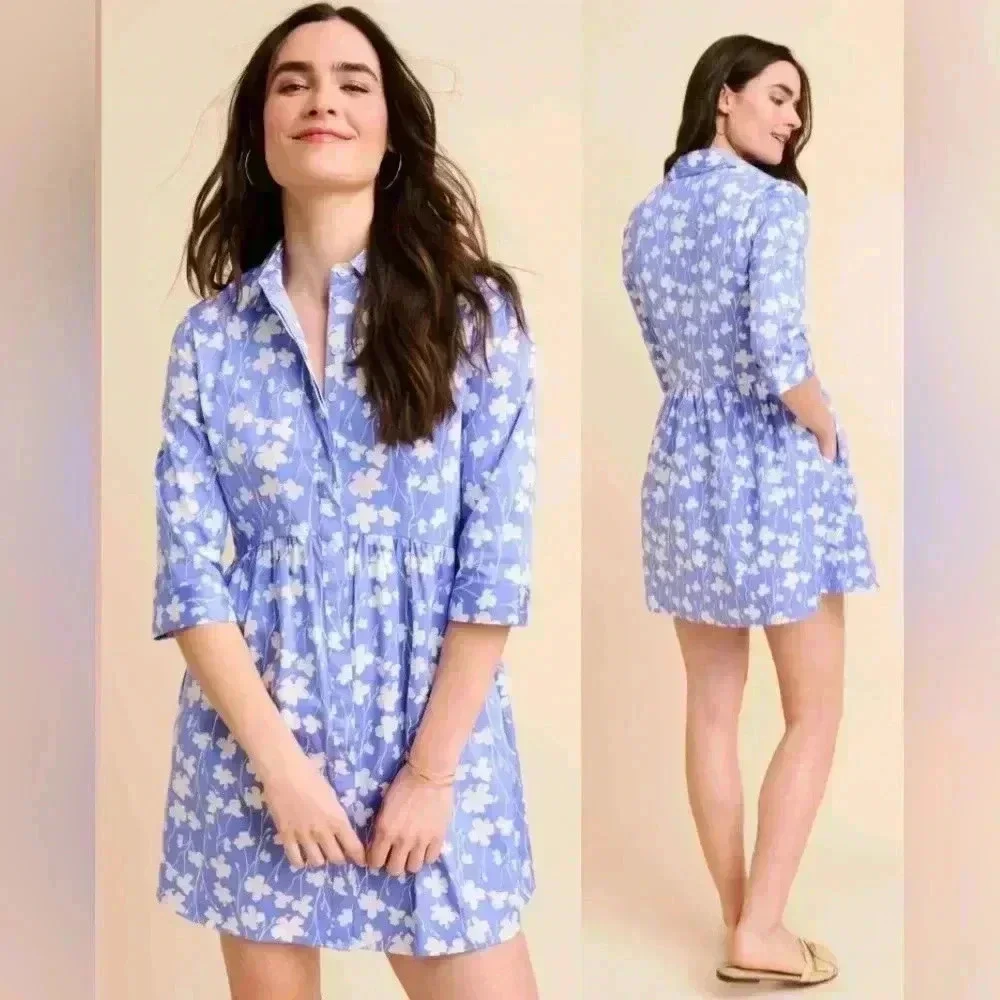 UNTUCKit Stretch Cotton Demi Shirt Dress Blue White Floral Size XS Women's - Picture 1 of 11